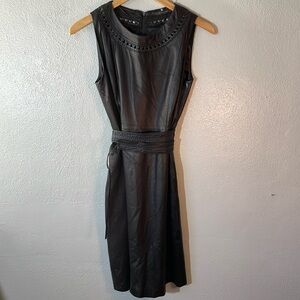 Elie Tahari Black Leather Sheath Dress Sleeveless Belted Sz 4 Women’s Classic